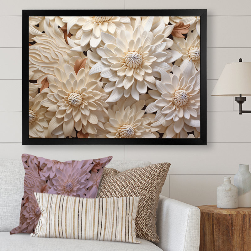 «Minimalisme Chrysanthemums White Floral Collage I», reproduction sur toile, Cadre simple noir, H 24 po x l 32 po x P 1 po