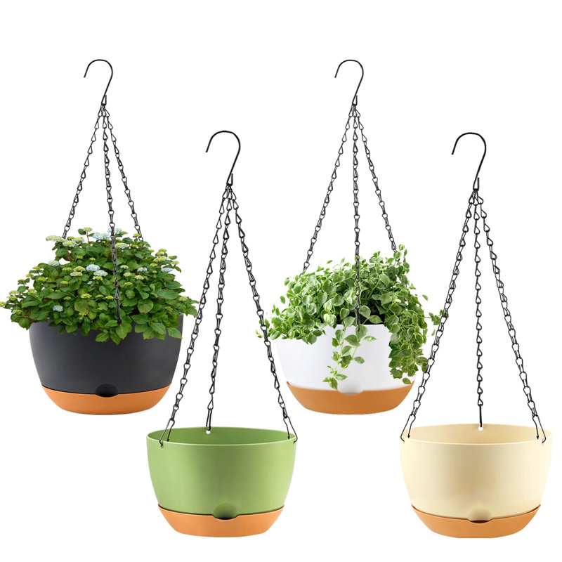Paquet de 4 pots de fleurs suspendus, pot de plante d'extérieur de 8 pouces avec paniers suspendus en plastique avec trous de drainage et chaîne (blanc + noir + vert + beige)