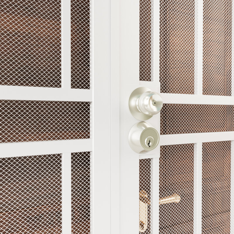Porte moustiquaire de sécurité en acier maillé perforé avec finition résistante à la rouille et porte française réversible à deux trous en blanc avec serrure