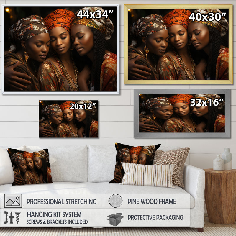 World Cultures Sœurs I - Art africain américain, art mural, H 24 po x l 32 po x P 1 po, Cadre flottant érable
