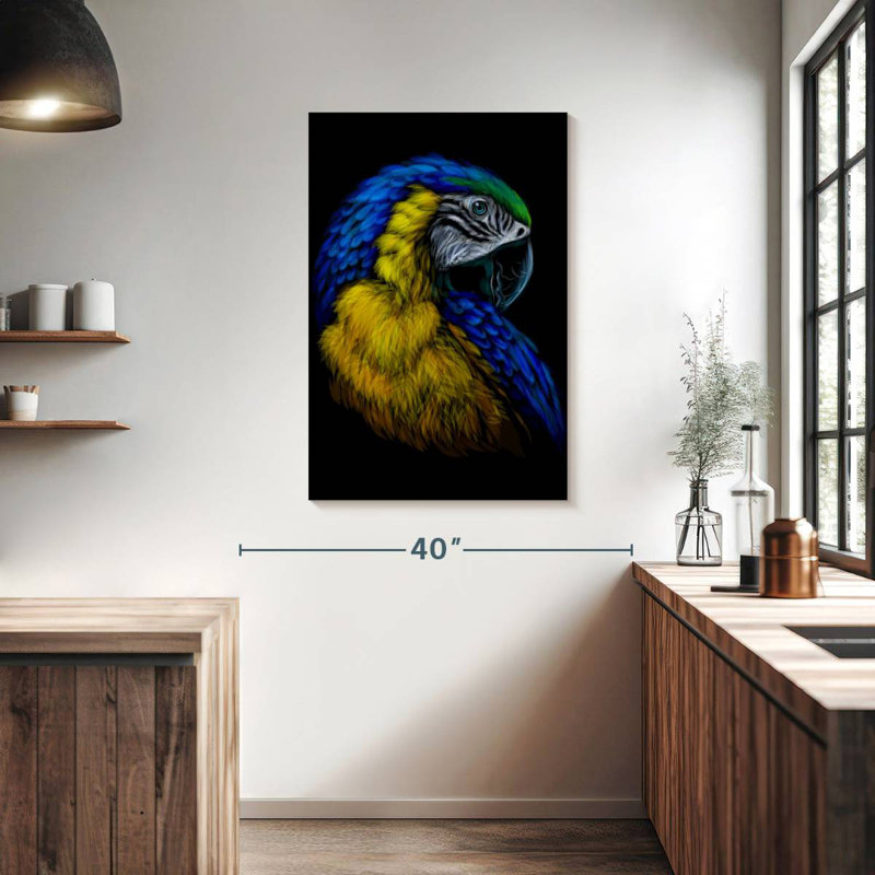 Ara à plumes jaunes et bleues Brampt, H 39 po x l 26 po