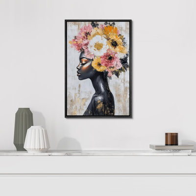 "Elegance Gold Pink Floral", Portrait d'une femme afro-américaine, impression sur toile encadrée