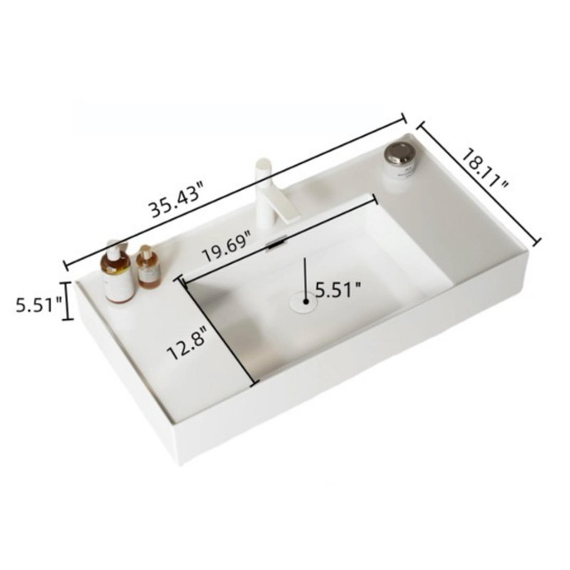 Meuble-lavabo de 36 po avec lavabo vasque, lavabo intégré mural flottant rectangulaire en acrylique blanc sans robinet, étagère rayée