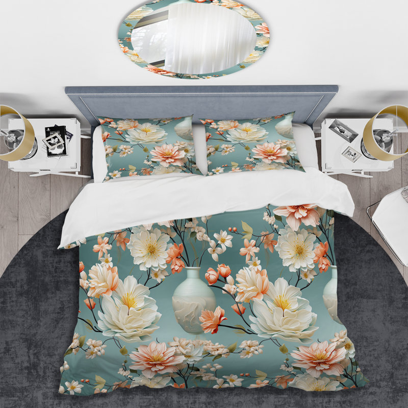 Ensemble de housse de couette Ikebana, Housse de couette pour grand lit et 2 taies décor
