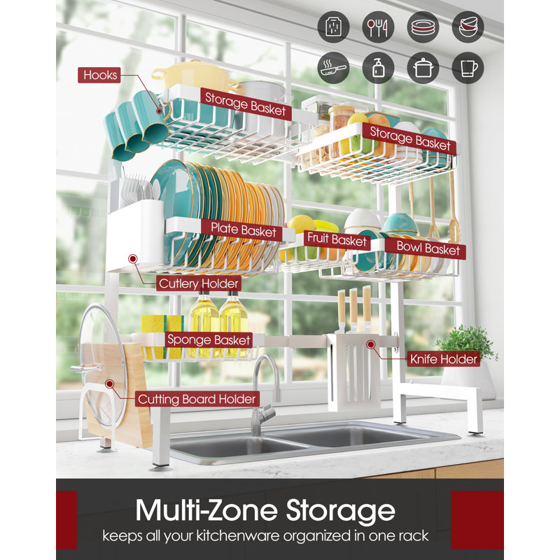 Over The Sink Dish Drying Rack - Adjustable 3 Tier XX-Large Capacity Stainless Steel Drainer with Cutlery & Utensil Holders, Kitchen Storage & Organization, 31.5"-39.5"L x 12"W x 30.5"H, White