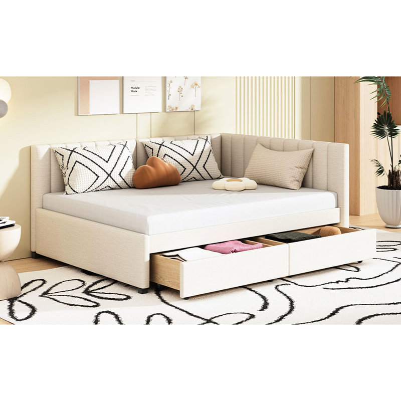 Lit de jour beige avec 2 grands tiroirs de rangement, revêtement en lin robuste, base en bois, construction robuste sans sommier, pour une vie pratique
