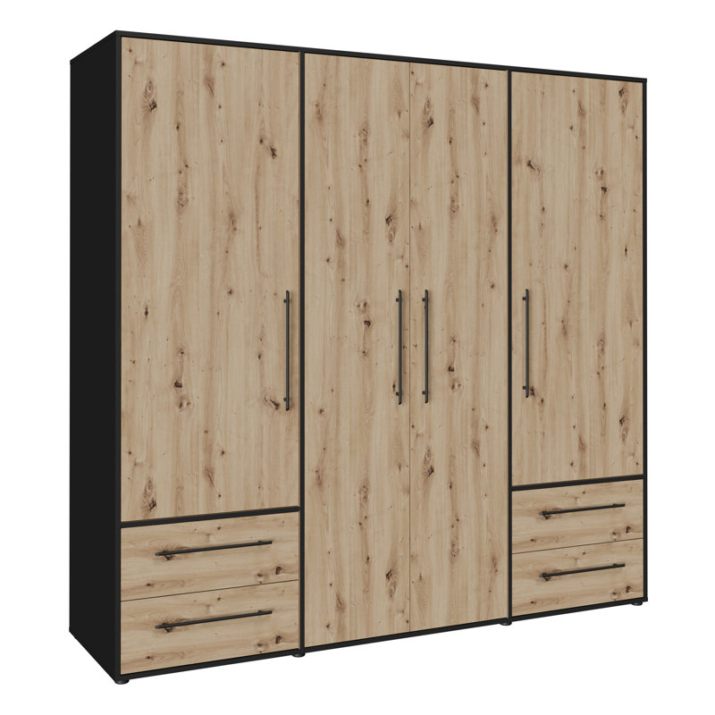 Minija 4 Door Manufactured Wood Wardrobe, Matte Black/Oak