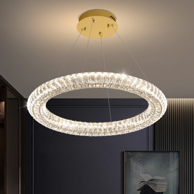 Rikie Modern 31.5In Gold Round Crystal Chandelier Dimmable LED Ring Pendant Light  for Dining Room 