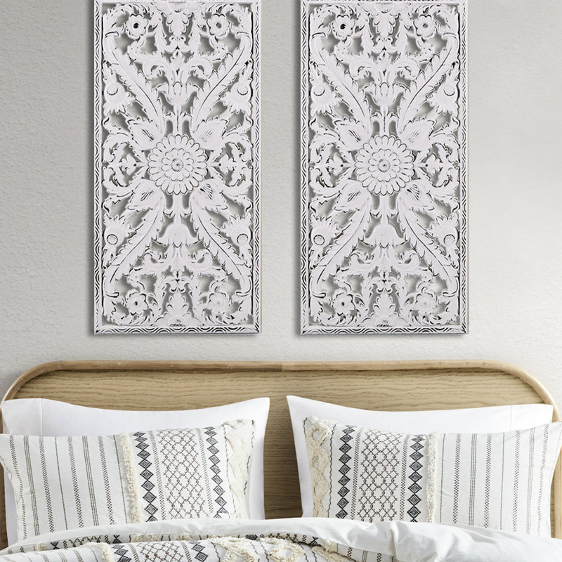 2 Distressed Wood Wall Decor - Lotus Flower Matte White Wash Room Washed Design Entryway Decoration