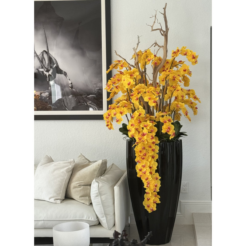 San Jose Planter In Glossy With Cascading Orchids, Black, Yellow