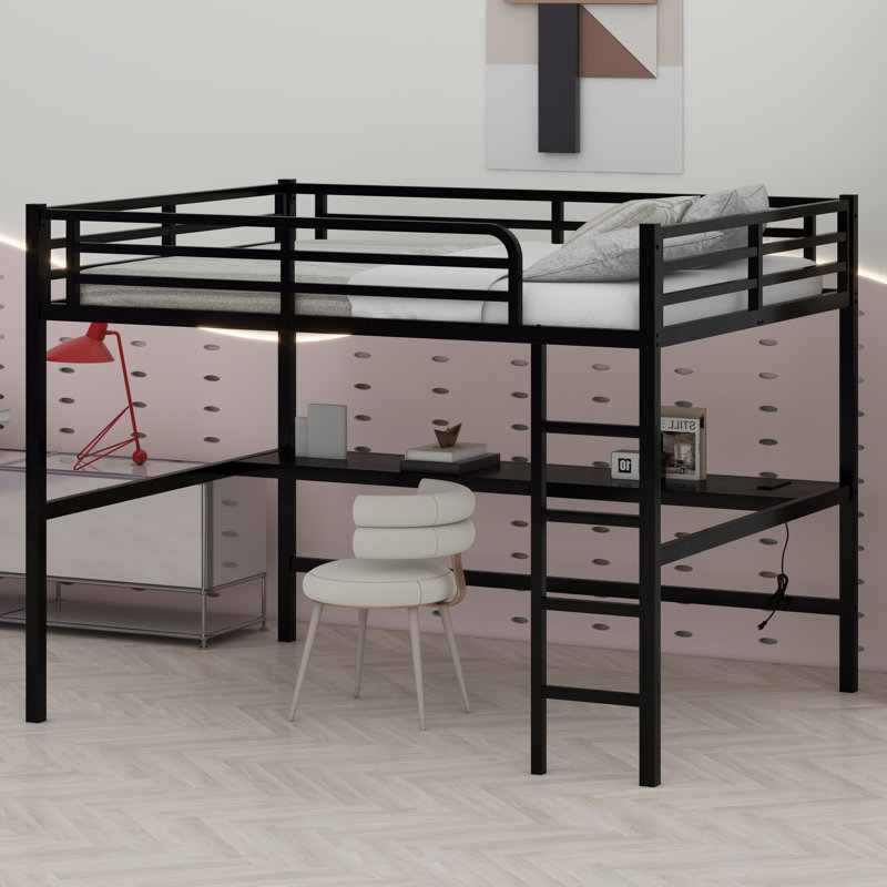 Metal Loft Bed With Power Outlet And LED Lighted, Space-Saving