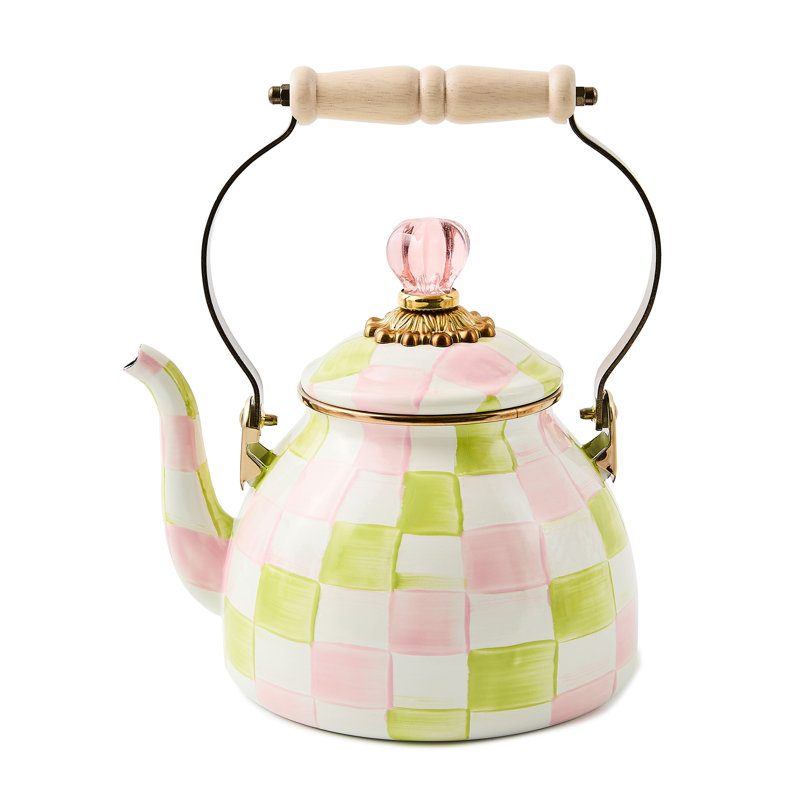 Palm Beach Check 2 Quart Tea Kettle, Pink/Green/White