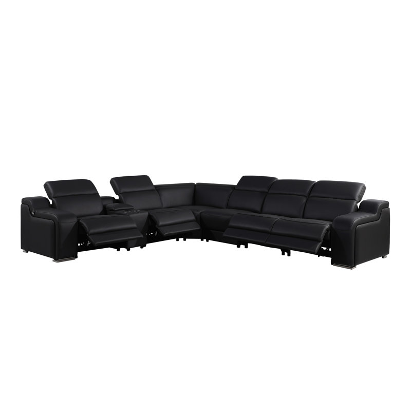Stanphill 7 - Piece Top Italian Grain Leather Power Reclining Sectional, Black Genuine Leather