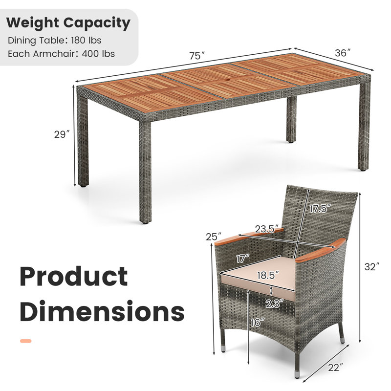 Ensemble de salle à manger de patio en acacia pour 8 personnes avec table rectangulaire Allye, coussins inclus, 8