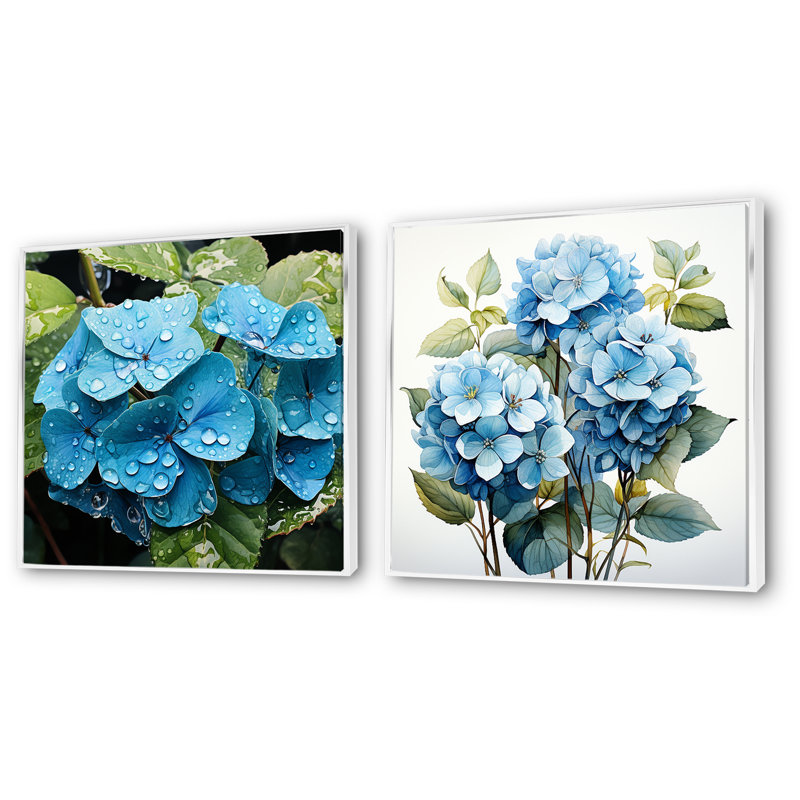 «Blue Hydrangea Flower Elegance I», ensemble de 2 reproductions d'art sur toile, Cadre blanc, H 16 po x l 33 po x P 1 po