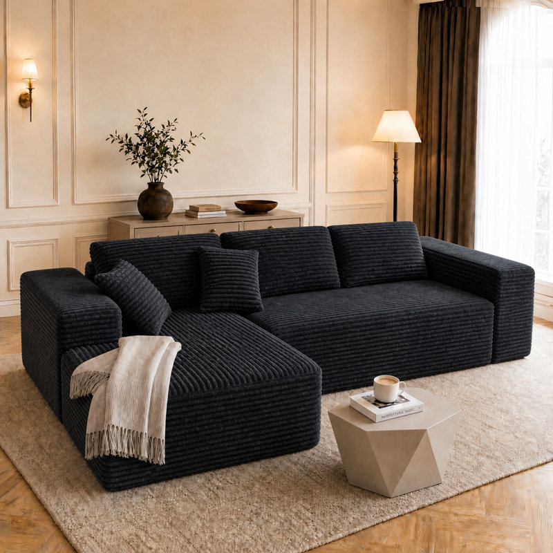 Canapé d'angle modulaire sans os de 264 cm de large, recouvert de velours côtelé noir, avec 5 coussins, convertible en lit 2 pièces, aucun assemblage requis
