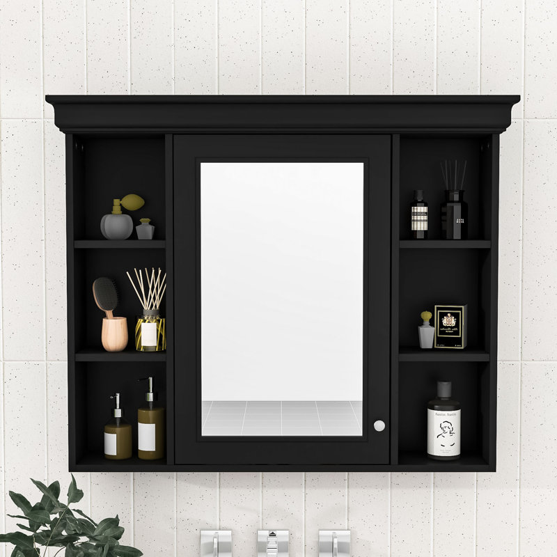 Armoire de salle de bain murale Yarvis avec porte miroir et tablettes de rangement, Noir, noir, noir, noir