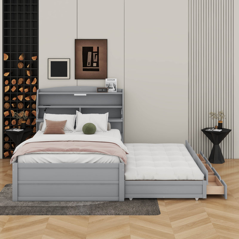 Lit plateforme en bois avec lit gigogne, tête de lit et tiroirs à DEL, Gris, Lit double