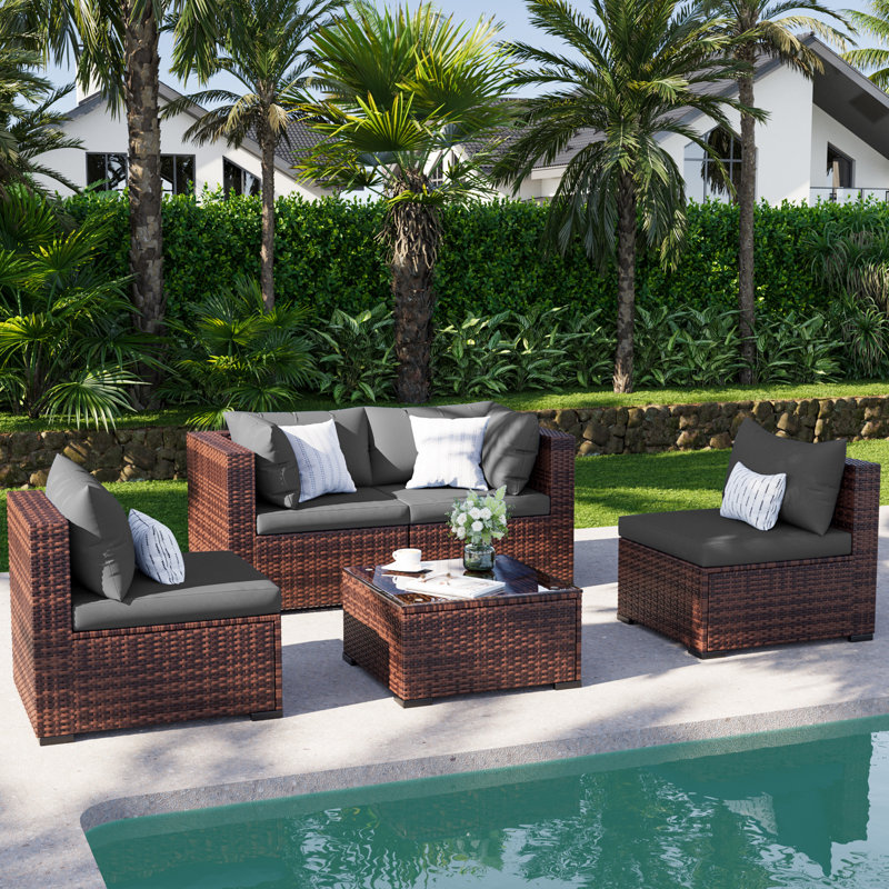 Ensemble de conversation modulaire en rotin PE pour l'extérieur, ensemble de mobilier de patio 5 pièces avec structure en acier, canapé modulaire d'extérieur avec table basse pour terrasse sur le balcon arrière