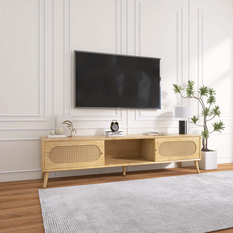 Meuble télé naturel avec pieds et armoire en bois massif