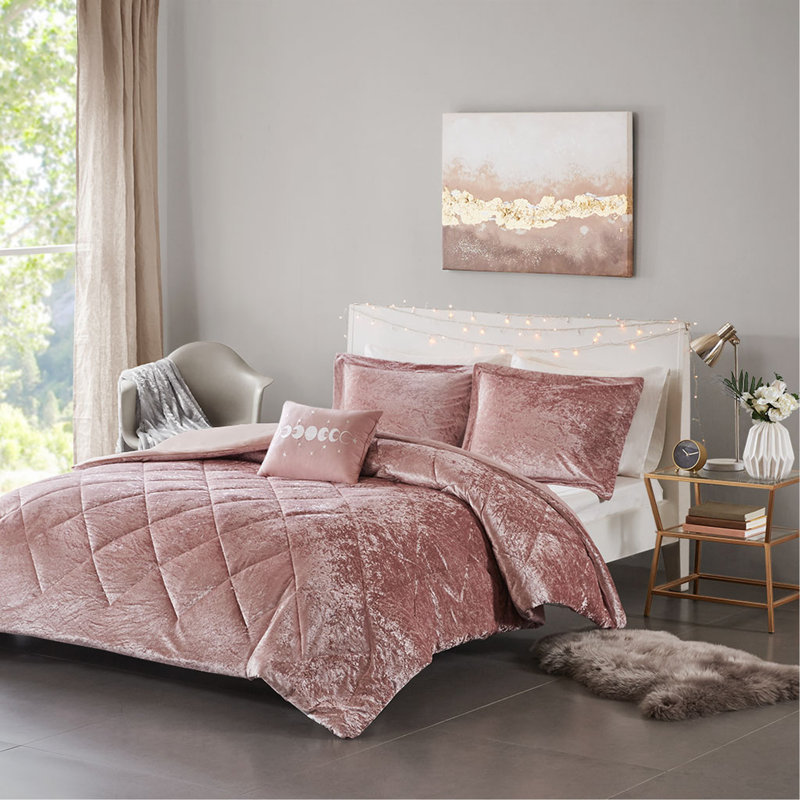 Ensemble de housse de couette en velours simple / simple TG avec coussin décoratif, Rosé