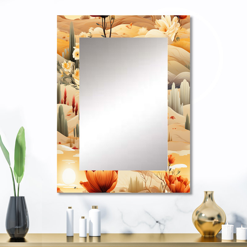 Demaro Beige Meadow Flowers Boho Pattern - Floral Decorative Wall Mirror, Cottage Large Mirror, Printed Metal Art, 32" x 24"