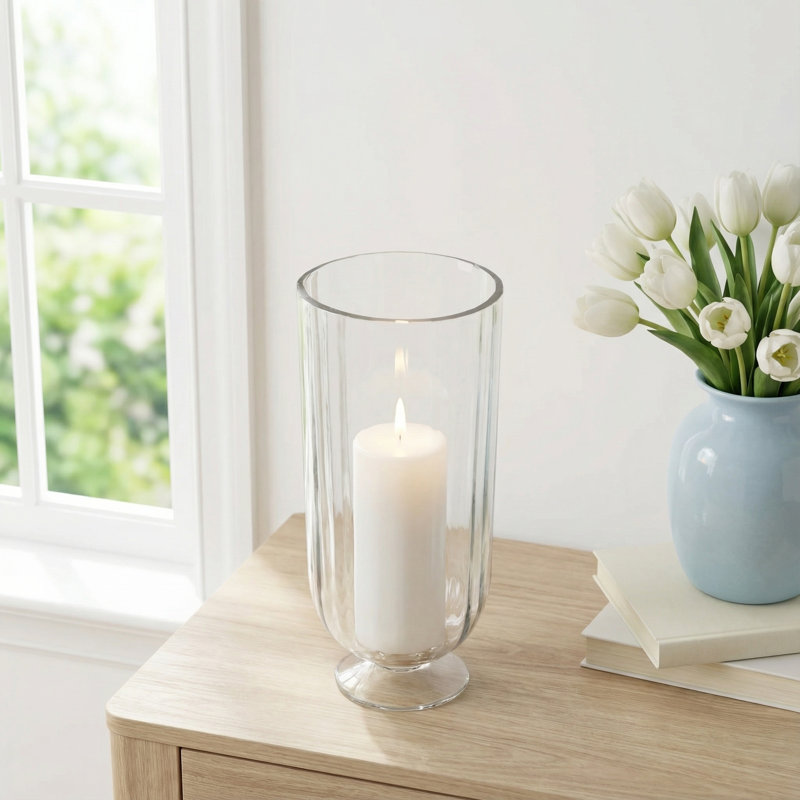 Perry And Grey Glass Ribbed Candle Holder With Elevated Base