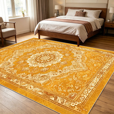 1PC Vintage Persian Medallion Floral Golden Yellow area rugs for Living Room, Soft and Comfortable, All-season, easy-care, machine washable Indoor floor mat, ideal for dining room, bedroom, kitchen patio, Home Decor, Outdoor Decor.