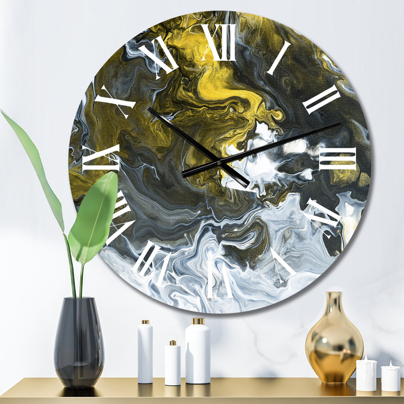 Horloge murale moderne noir et blanc, marbre liquide jaune II, Petit