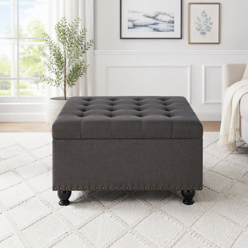 Pouf de rangement carré gris foncé, Mélange de lin gris foncé