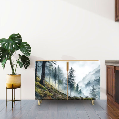 Sideboard Buffet Cabinet with Storage Serene Mountain Pine Trees Art with 2 Doors for Living Room and Kitchen