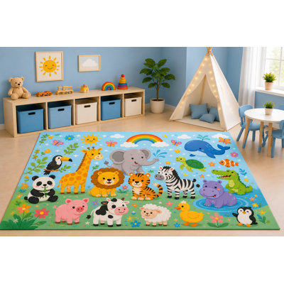 "Ultra Lightweight" 5'x7' Zoo Adventure Area Rug for Kids Playroom Nursery Bedroom, Giraffe Elephant Lion Zebra Tiger Panda Safari Animals Cartoon Decor, Non-Slip Silicone Backing Low Pile