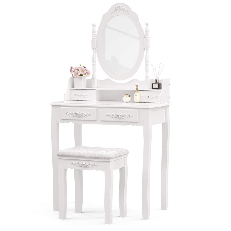Luxurious Vanity Desk Set with Mirror and Cushioned Stool, White