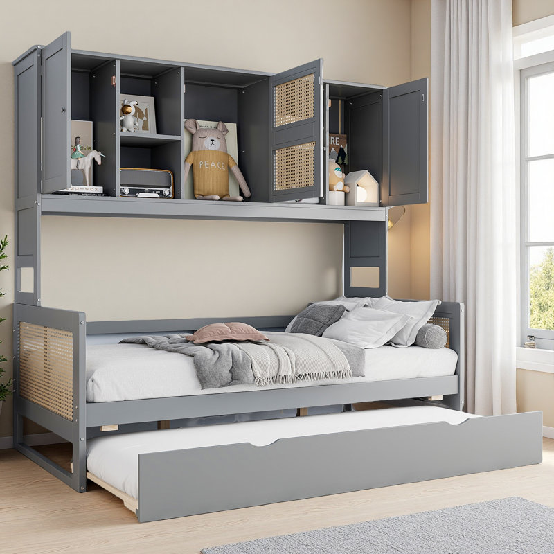 Lit de jour en bois avec lit gigogne simple, armoire et tablette tout-en-un, Lit simple, Gris
