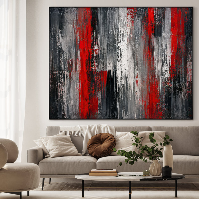 Très grand reproduction d'art sur tissu - Composition abstraite rouge pour salon contemporain - "Assemblage requis (cadre non fini)"