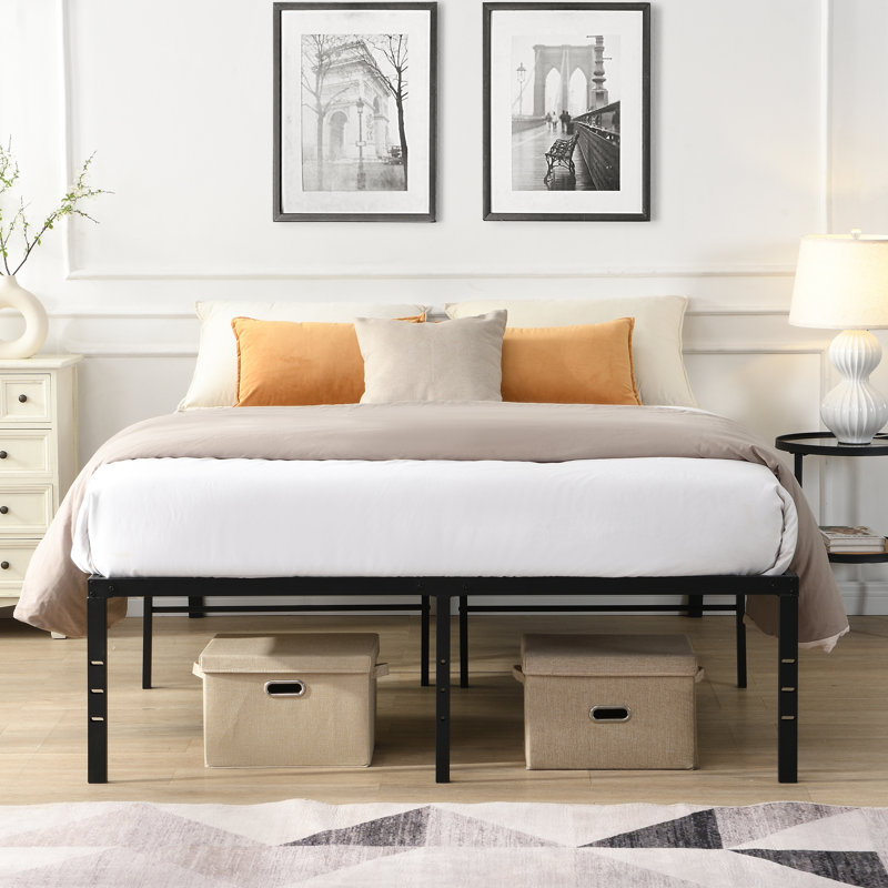 Queen Size Black Metal Bed Frame, Rapid Assembly, Silent Operation, Supports 1000 Pounds, Stable Mattress Support From Reinforced Slats, Under - Space For Organization, Holes Components Heavy Duty