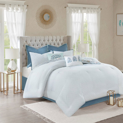 Édredon réversible en coton bleu très grand - 8 pièces, imprimé floral avec médaillon, rembourrage, comprend des taies décoratives assorties et des coussins décoratifs, motif botanique, revers symétrique, jupe de lit Euro