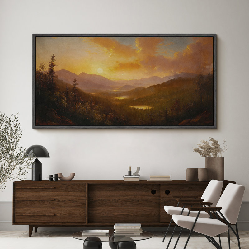 Coucher de soleil sur les montagnes de la vallée, impression sur toile encadrée pour décor de chalet classique, Noir