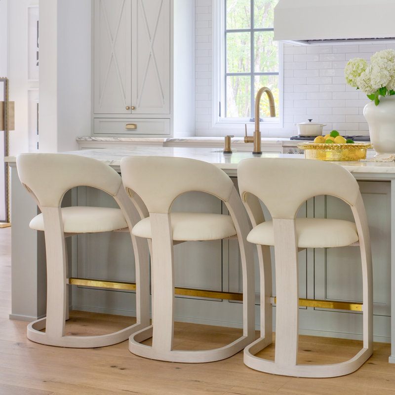 Antique Leather Delia Stool, Bar Stool (30" Seat Height), Beige/White