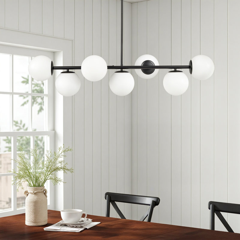 7-Light Glass Globe Modern Black Linear Chandelier for Dining Room, Black
