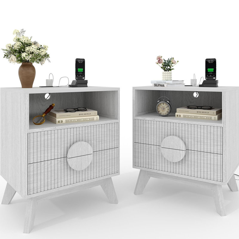 Fluted Night Stand, Wood Tall Bedside Tables with 2 Drawers & Open Shelf, End Tables for Bedroom Living Room, Gray, 2