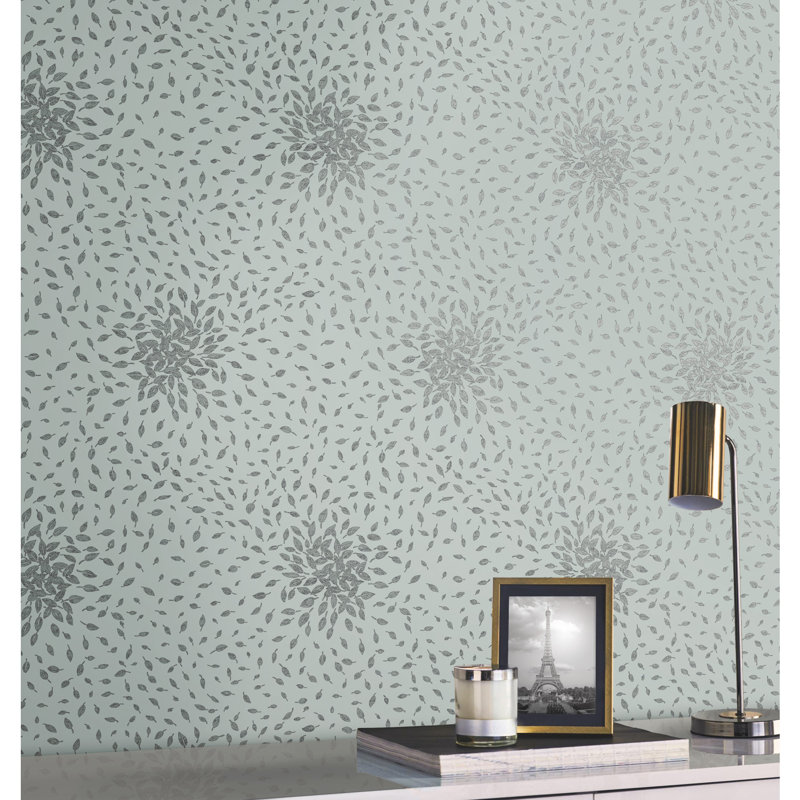 Petite Leaves Floral Metallic Wallpaper Roll, Spa/Silver
