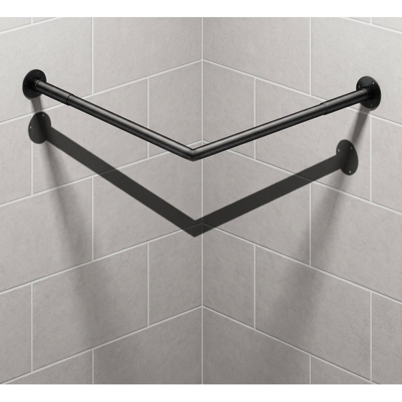 This black 90 degree L shaped corner shower curtain rod adjusts from [23''-53''] x [23''-53'']; intended for bathrooms, bathtubs, and clothing stores, it includes 12 ring hooks and ceiling support.