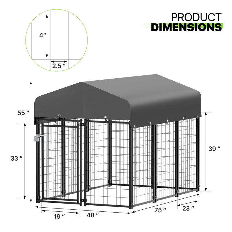 Heavy Duty Black Metal Outdoor Dog Kennel with Gray Waterproof Canopy