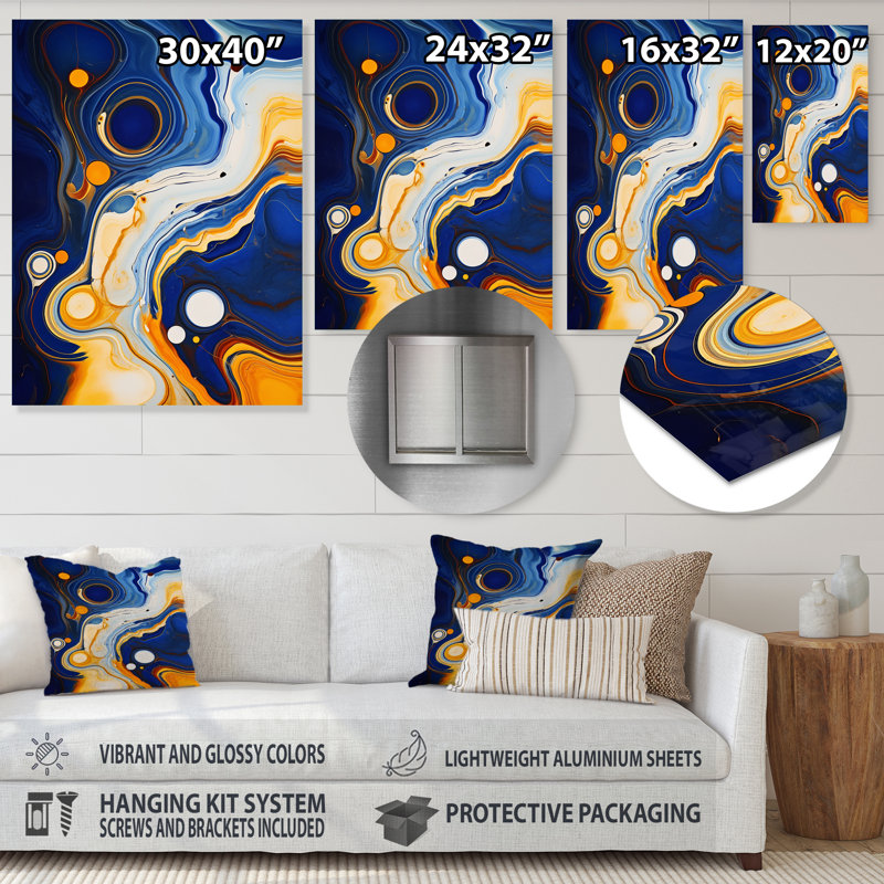 Jaune et bleu, liquide, encre de rivière II - encre liquide, art mural abstrait en métal, H 32 po x l 16 po x P 1 po