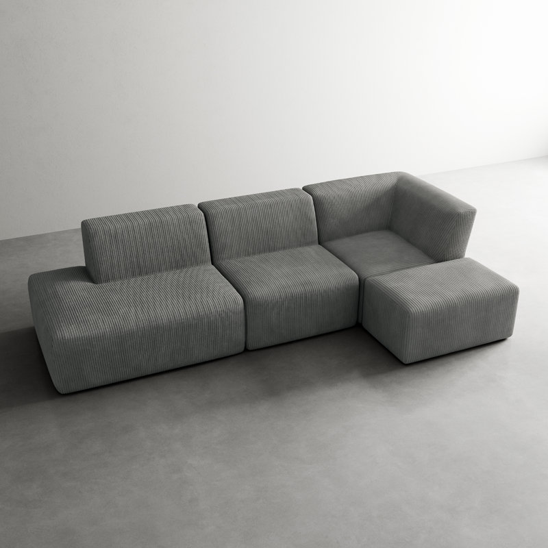 Berlare 4 - Piece Upholstered Boneless Compression Corduroy Modular Sectional Sofa Set with Removable Ottoman – Fully Compressed, No Assembly Required