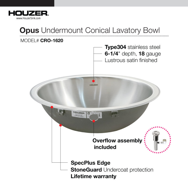 Houzer Club 16.75'' Metal Circular Bathroom Sink, With Overflow