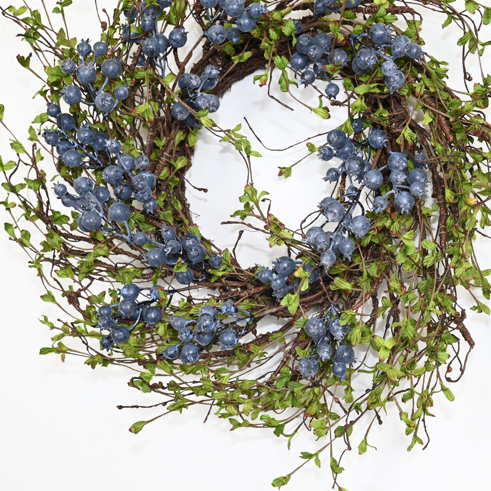 24" Handcrafted Berry Leaves No Holiday Wreath, Blue/Green