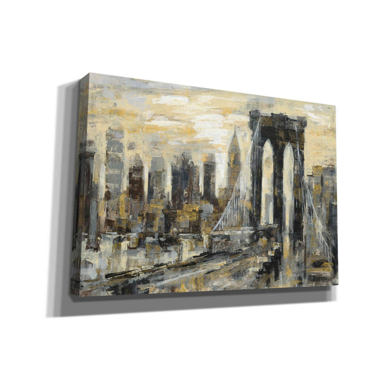 «Brooklyn Bridge Gray and Gold» par Silvia Vassileva, art mural sur toile, H 18 po x l 26 po x P 0,75 po