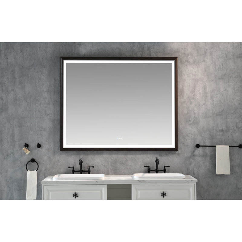 Miroir de salle de bain 60 po x 48 po à DEL avec cadre en aluminium, 3 couleurs changeantes, gradation continue, brun, bel ajout au brouillard mural, options, contrôle de la luminosité, surface, adapté
